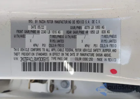 2022 Mazda Mazda3 Preferred из США, поврежденный, VIN 3MZBPACL8NM306915